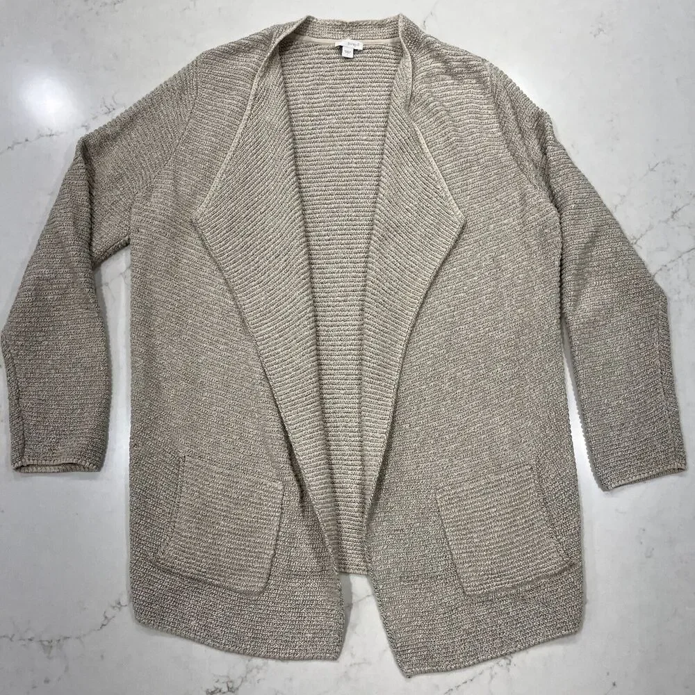 Pure J Jill Sz L Tan Long Rib Knit Cardigan Sweater Pockets Minimalist Lagenlook